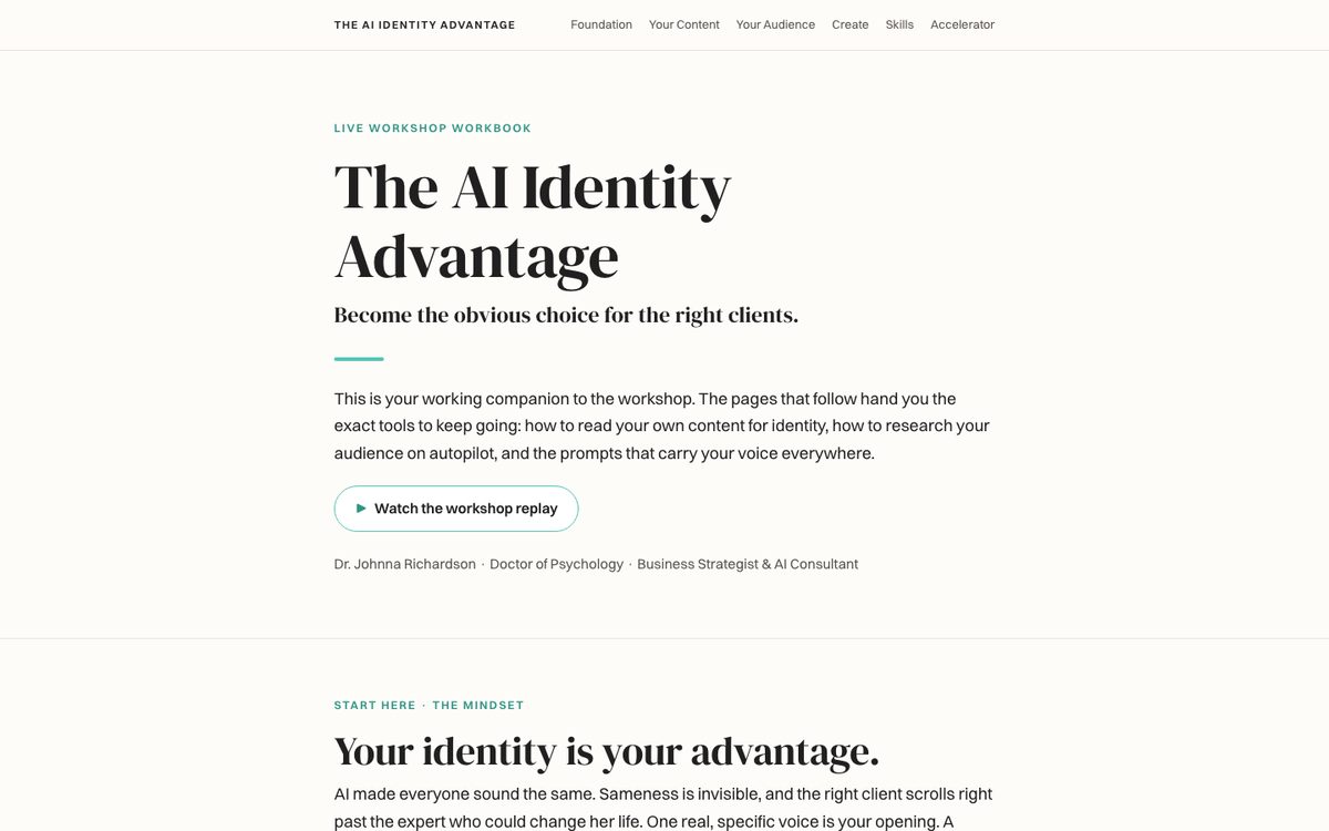 The AI Identity Advantage workbook. A serif headline, a workshop replay button, and a menu of six workbook sections.