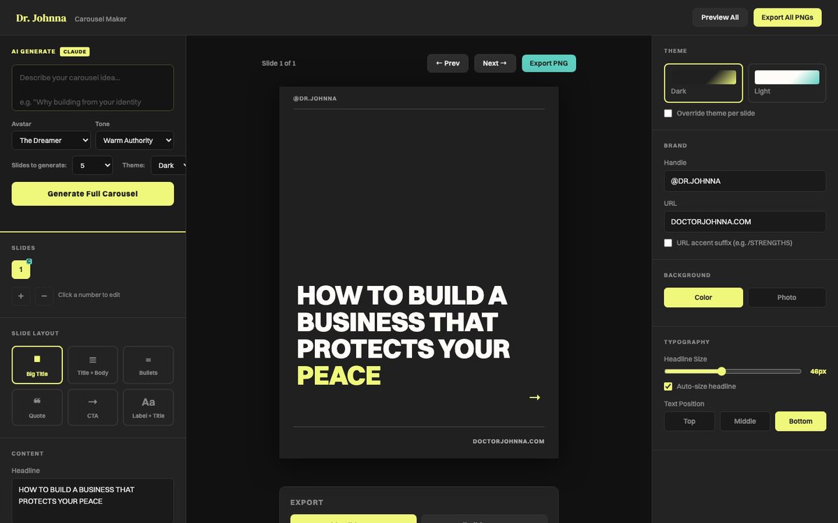 The carousel maker app. A dark editor with an AI generate panel, a slide preview, and brand controls.