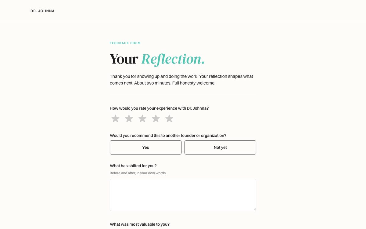The client feedback form titled Your Reflection, with a star rating and short written questions.