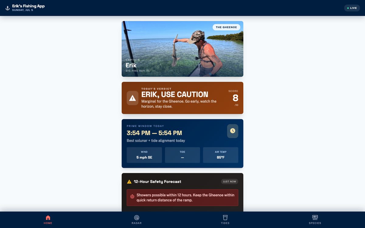 Fishing app dashboard. A dark layout with today's verdict, the prime fishing window, wind, tide, and temperature.