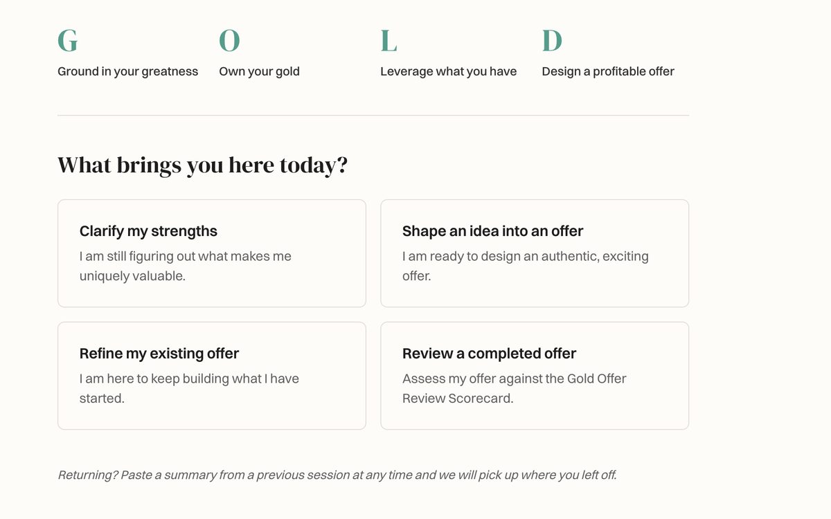 Inside the Gold Offer Coach. The G.O.L.D. framework steps and a question asking what brings you here today.