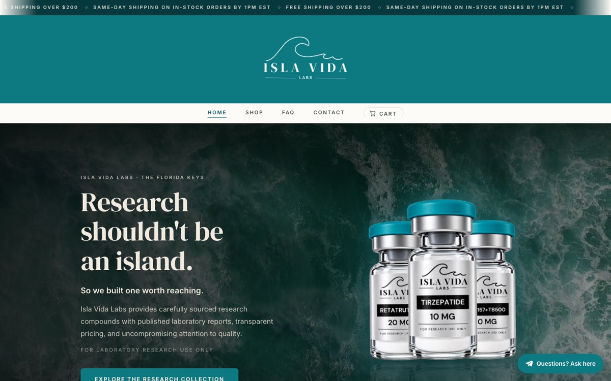 Isla Vida Labs homepage. A teal header with a wave logo above an ocean hero, the headline Research shouldn't be an island, and three product vials.