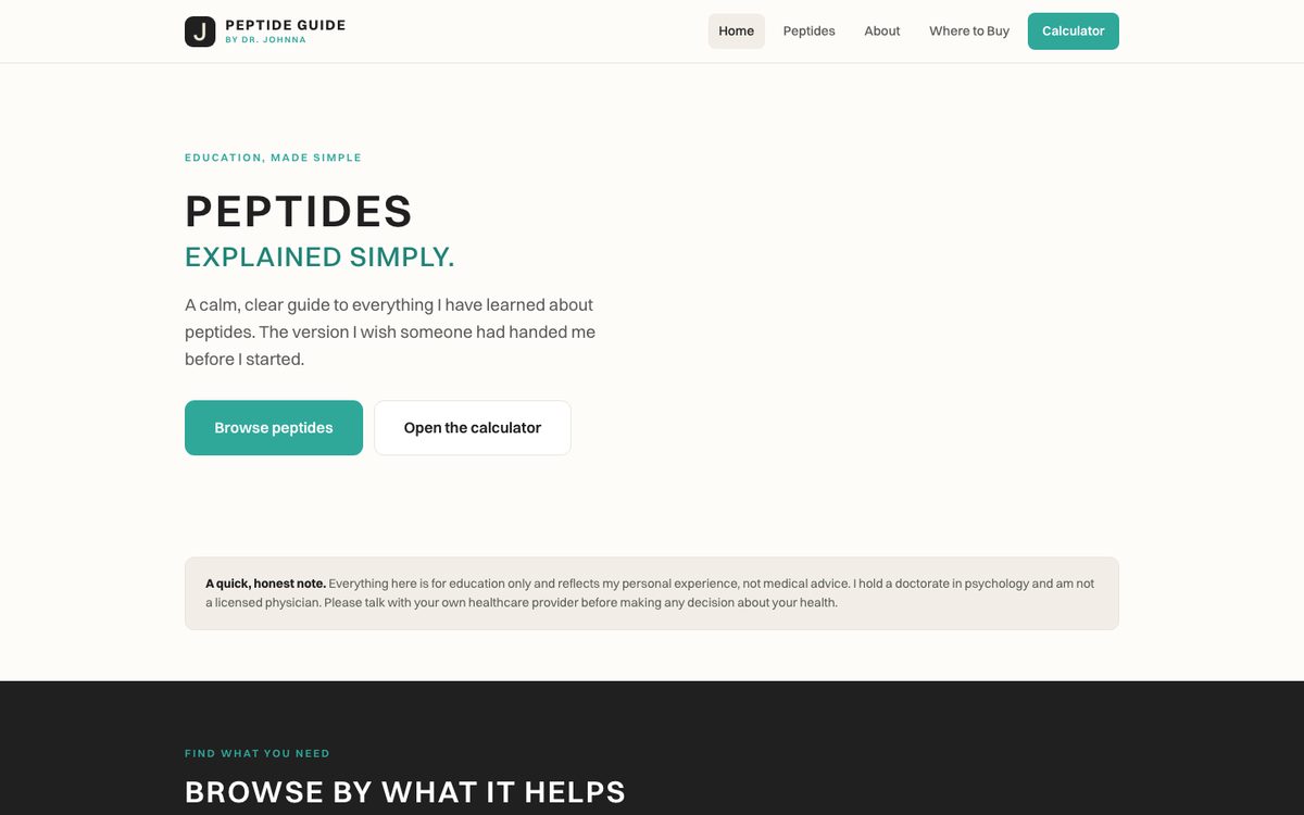 Peptide Guide homepage. A clean light layout with the headline Peptides Explained Simply and two buttons.