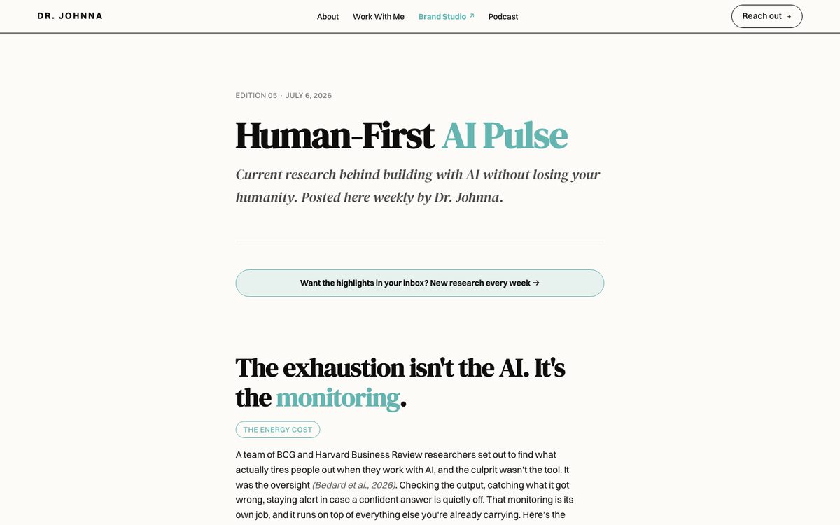 A Human-First AI Pulse edition with the masthead and the first research finding.