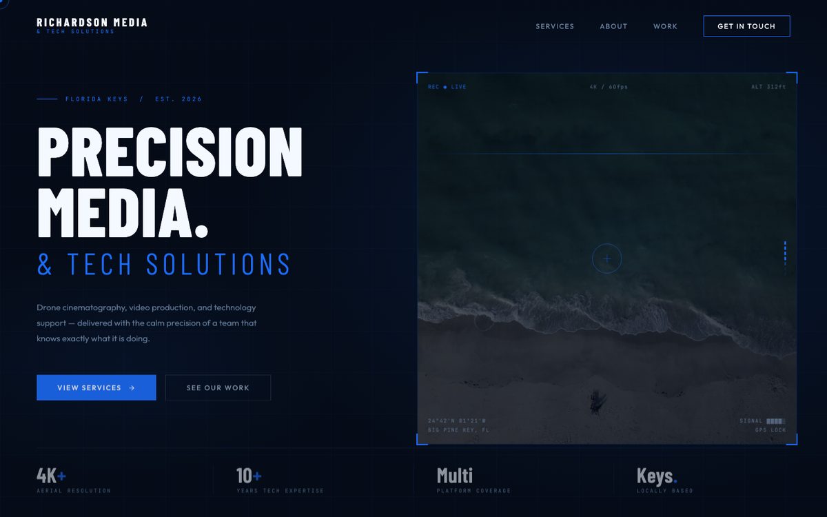 Richardson Media homepage. A dark cinematic hero with live drone footage and the headline Precision Media and Tech Solutions.