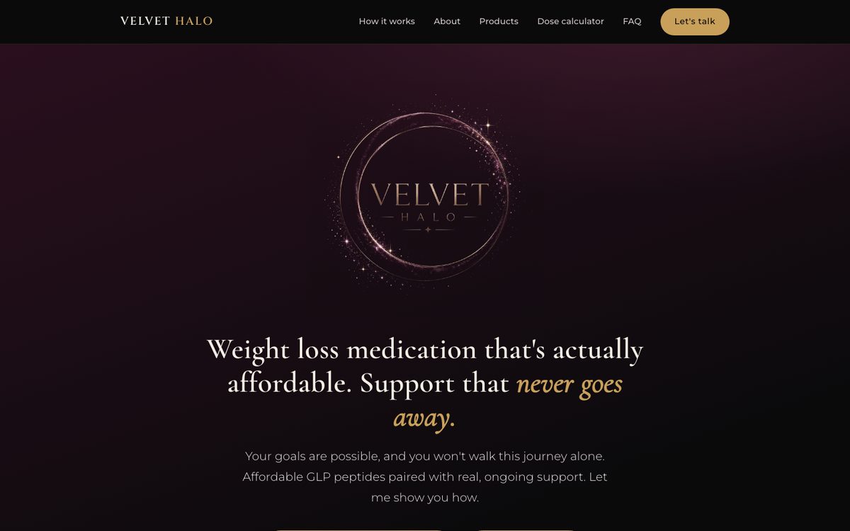 Velvet Halo homepage. A dark plum hero with a gold halo emblem and a serif headline about affordable weight loss support.
