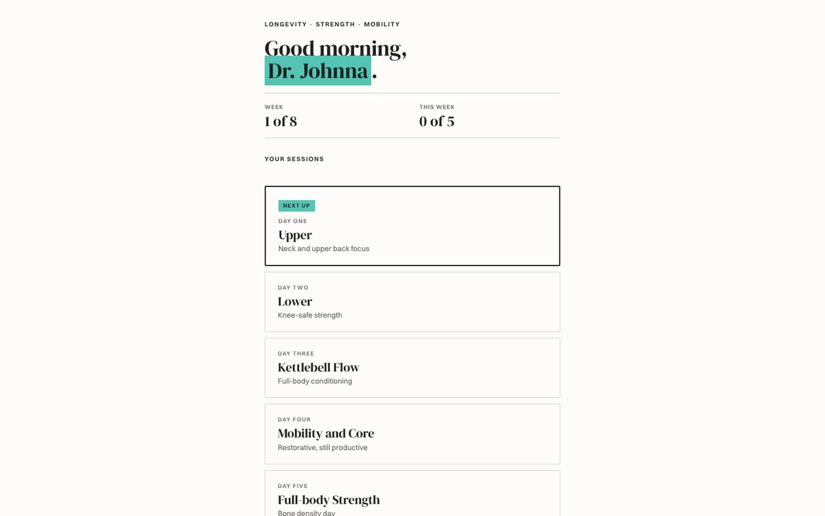 Workout app home screen. A cream layout with a serif greeting, weekly progress, and five session cards.