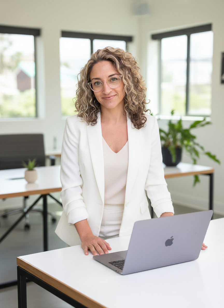 Dr. Johnna Richardson working at a laptop in a bright, modern office workspace.